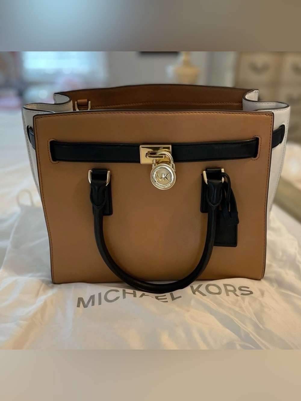 Michael Kors Camel and Black Leather Satchel with Gold Lock
